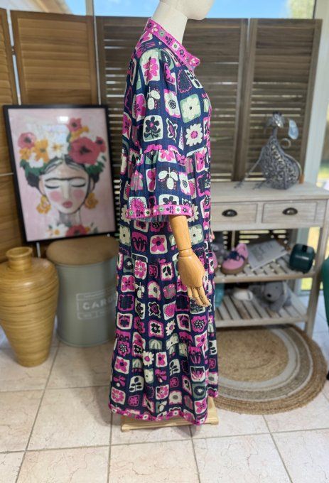 Robe longue trapèze volantée marine façon Patchwork Bohème Chic du 38 au 46/48