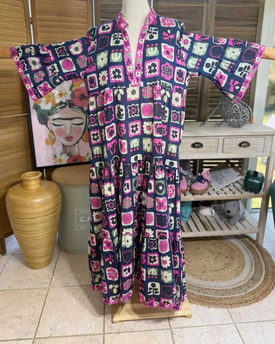 Robe longue trapèze volantée marine façon Patchwork Bohème Chic du 38 au 46/48