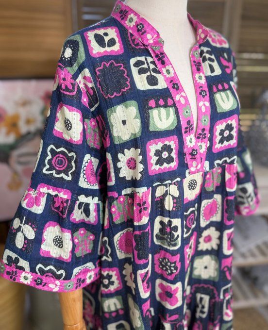 Robe longue trapèze volantée marine façon Patchwork Bohème Chic du 38 au 46/48
