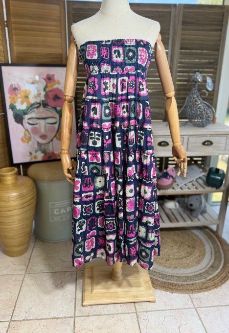 Robe bustier OU jupe longue marine façon Patchwork Bohème Chic du 38 au 48 