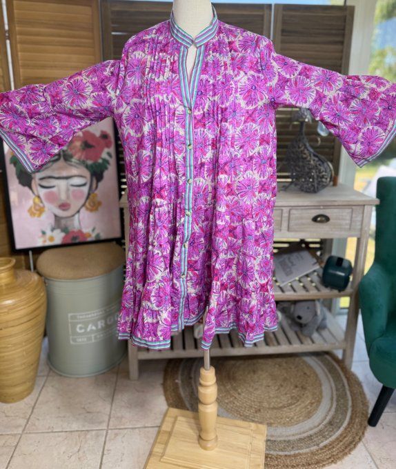 Robe courte trapèze fuschia Grandes Fleurs Estivales du 36 au 44
