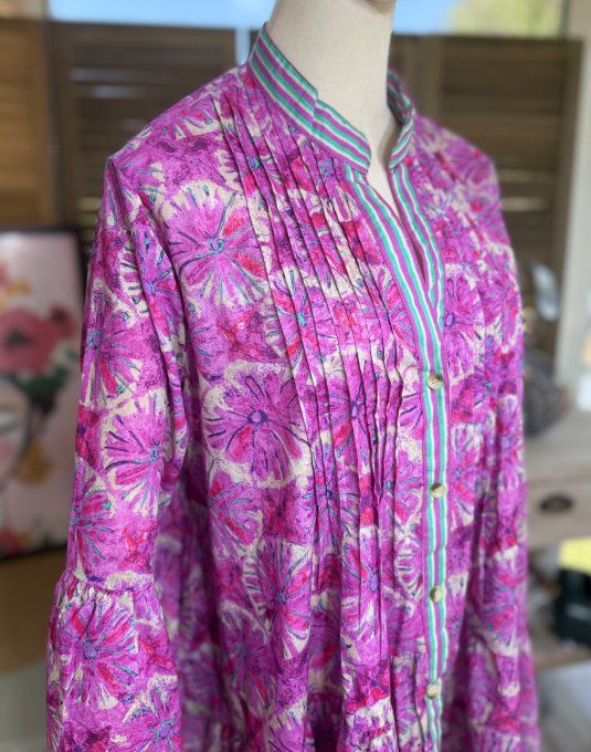 Robe courte trapèze fuschia Grandes Fleurs Estivales du 36 au 44