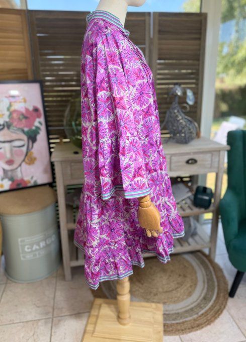 Robe courte trapèze fuschia Grandes Fleurs Estivales du 36 au 44
