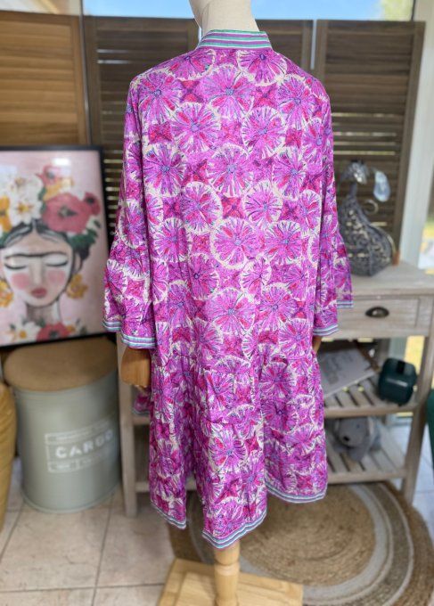 Robe courte trapèze fuschia Grandes Fleurs Estivales du 36 au 44