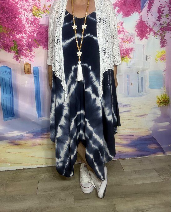 Robe trapèze longue asymétrique bretelles Tie & Dye Marine du 36 au 44/46