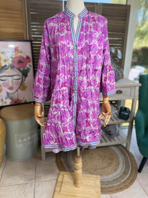 Robe courte trapèze fuschia Grandes Fleurs Estivales du 36 au 44