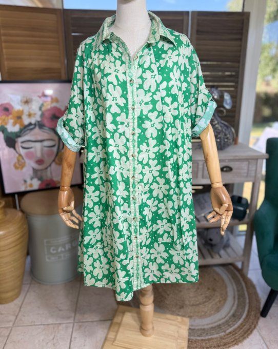Robe-chemise courte trapèze vert Gucci et Fleurs crème du 40 au 48/50 