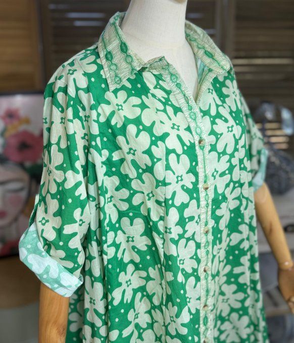 Robe-chemise courte trapèze vert Gucci et Fleurs crème du 40 au 48/50 