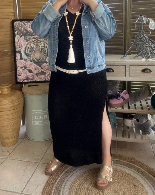 Maxi-robe longue noire lurex doré or du 38 au 42 et même bien + si portée près du corps 
