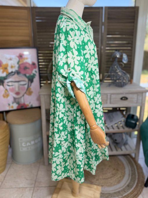 Robe-chemise courte trapèze vert Gucci et Fleurs crème du 40 au 48/50 
