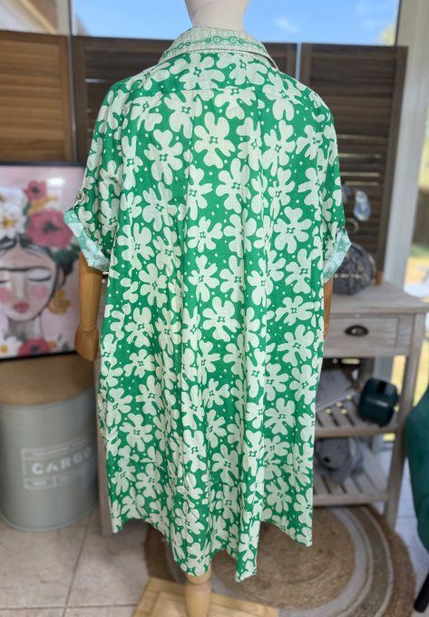 Robe-chemise courte trapèze vert Gucci et Fleurs crème du 40 au 48/50 