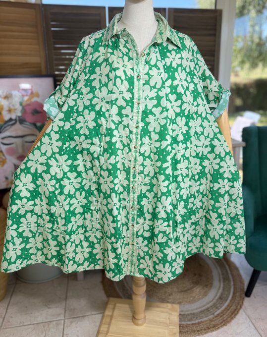 Robe-chemise courte trapèze vert Gucci et Fleurs crème du 40 au 48/50 