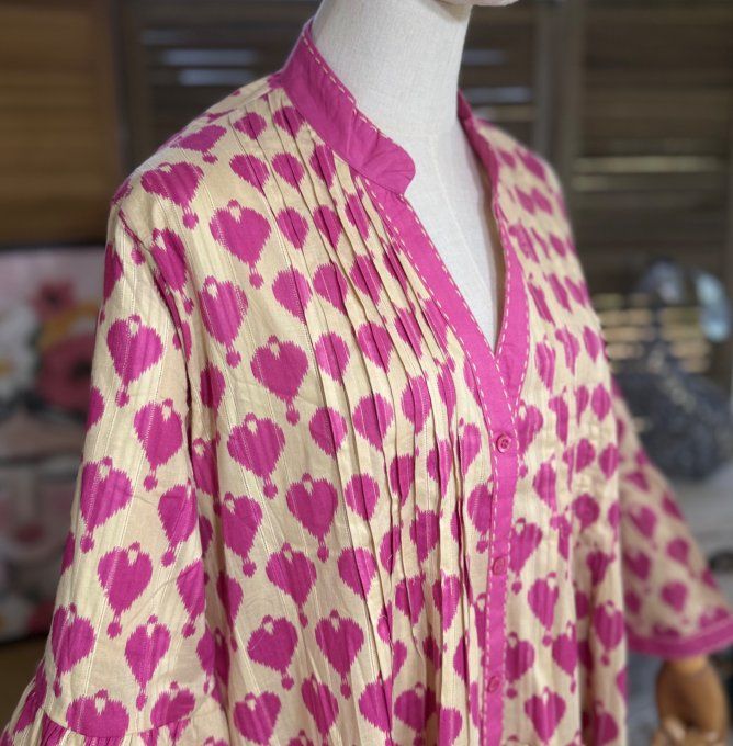 Robe courte trapèze beige coeurs Fuschia du 38 au 46/48  