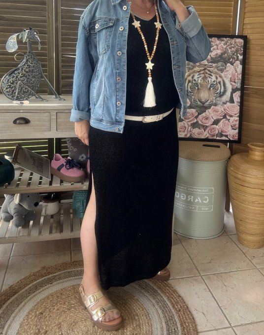 Maxi-robe longue noire lurex doré or du 38 au 42 et même bien + si portée près du corps 
