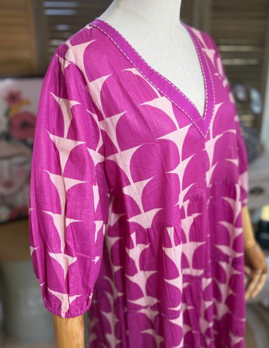 Robe longue trapèze fuschia et rose poudré pailletée Esprit Ethnique du 36 au 46  