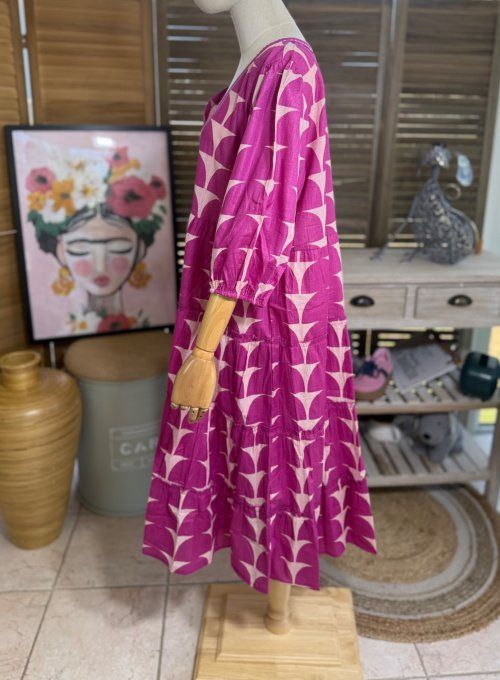 Robe longue trapèze fuschia et rose poudré pailletée Esprit Ethnique du 36 au 46  
