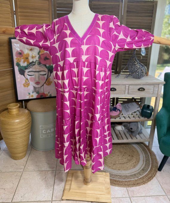 Robe longue trapèze fuschia et rose poudré pailletée Esprit Ethnique du 36 au 46  