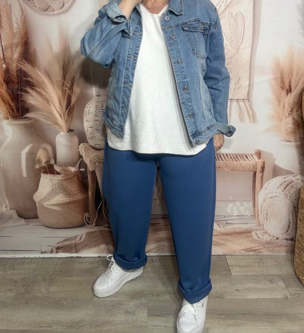 pantalon façon jogg bleu jeans brut boutons dorés + ceinture confort  ++++ du 38 au 50