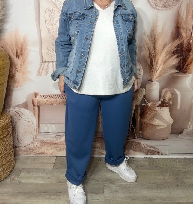 pantalon façon jogg bleu jeans brut boutons dorés + ceinture confort  ++++ du 38 au 50