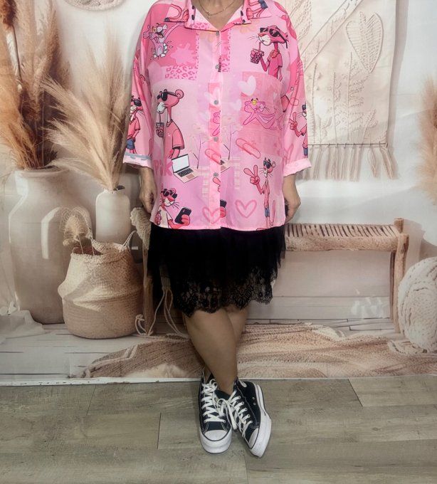 Chemise ample rose bonbon La Panthère Rose All Over du 40 au 50 et même +