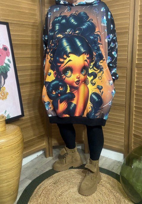 Sweat à capuche long ou robe sweat Betty Boop et son chat du 42 au 52