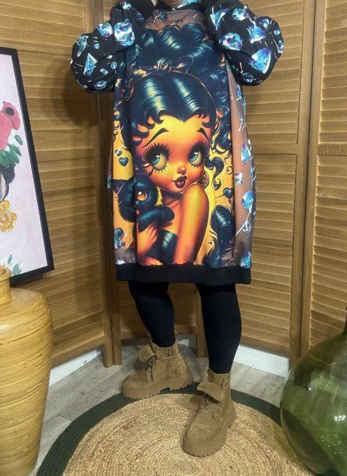 Sweat à capuche long ou robe sweat Betty Boop et son chat du 42 au 52
