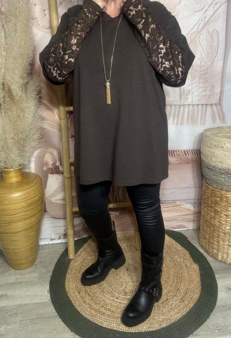 Top "2 en 1" col et manches longues en dentelle chocolat qualité +++ du 40 au 52/54 