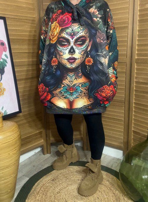Sweat à capuche long noir Catrina Tattoo Skulls Girl paillettes du 40 au 50/52  