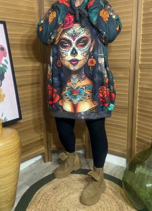 Sweat à capuche long noir Catrina Tattoo Skulls Girl paillettes du 40 au 50/52  