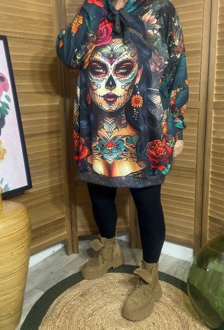 Sweat à capuche long noir Catrina Tattoo Skulls Girl paillettes du 40 au 50/52  