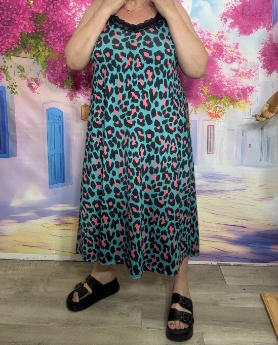 Robe nuisette lycra noire Léopard Turquoise Rose et dentelle bretelles réglables du 38 au 48/50