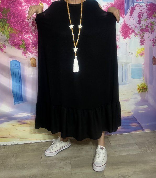 Robe ample mi-longue noire sans manches dos triangle bas volanté douceur +++ du 42 au 52/54