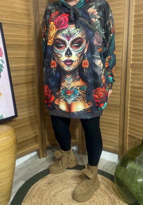 Sweat à capuche long noir Catrina Tattoo Skulls Girl paillettes du 40 au 50/52  