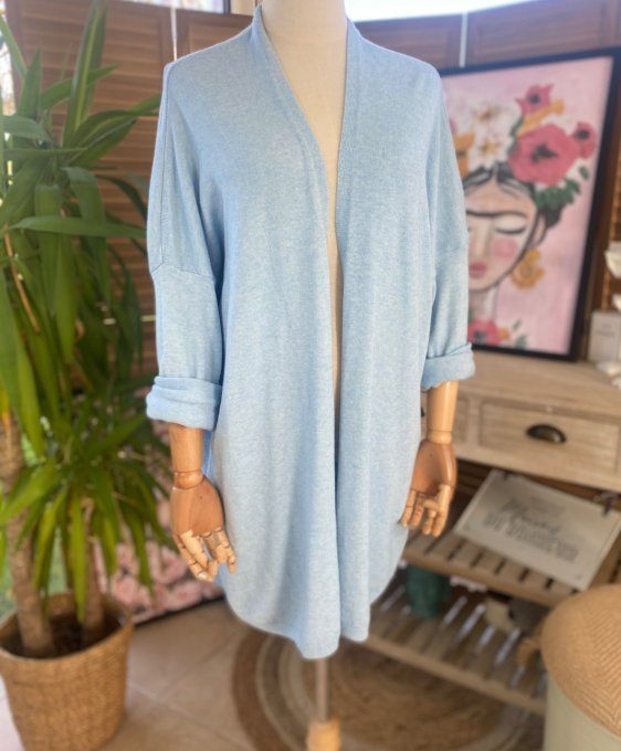 Gilet long sans laine ample bleu ciel étoile pailletée douceur ++++ du 38 au 50/52 
