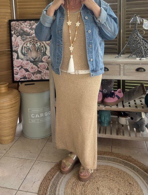 Maxi-robe longue beige lurex doré or du 38 au 42 et même bien + si portée près du corps