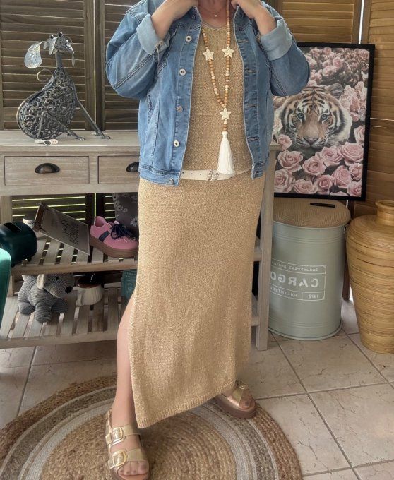 Maxi-robe longue beige lurex doré or du 38 au 42 et même bien + si portée près du corps