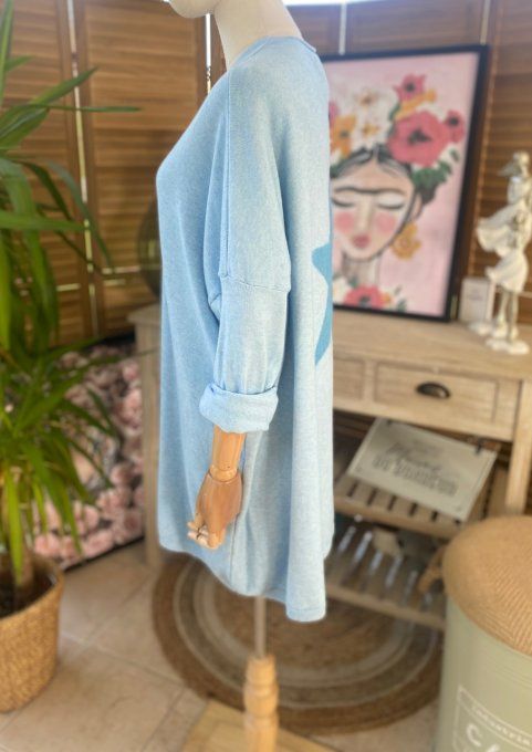 Gilet long sans laine ample bleu ciel étoile pailletée douceur ++++ du 38 au 50/52 
