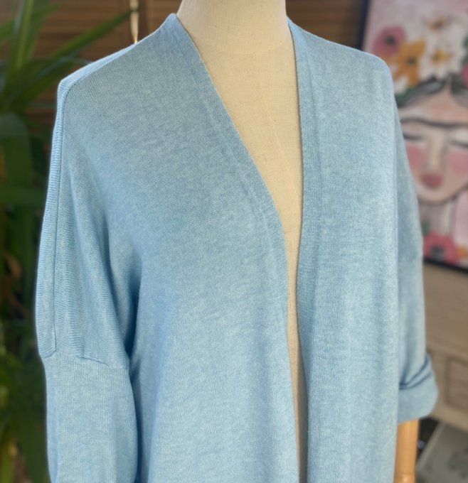 Gilet long sans laine ample bleu ciel étoile pailletée douceur ++++ du 38 au 50/52 
