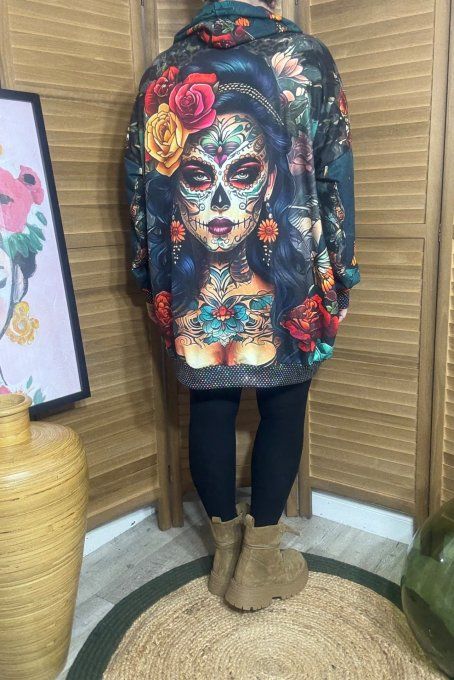 Sweat à capuche long noir Catrina Tattoo Skulls Girl paillettes du 40 au 50/52  