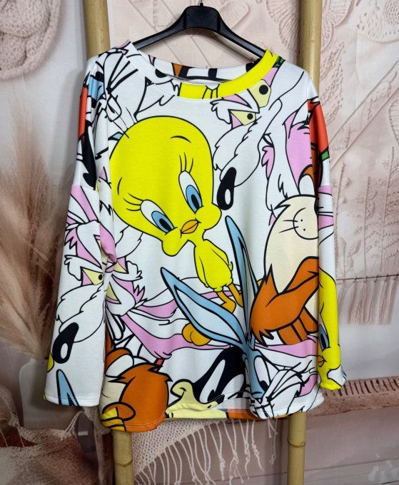 Sweat ample blanc Titi et ses amis Bugs Bunny Looney Tunes du 40 au 52/54 