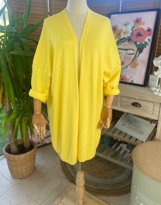 Gilet long sans laine ample jaune citron étoile pailletée douceur ++++ du 38 au 50/52 