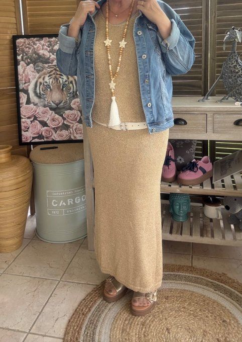 Maxi-robe longue beige lurex doré or du 38 au 42 et même bien + si portée près du corps