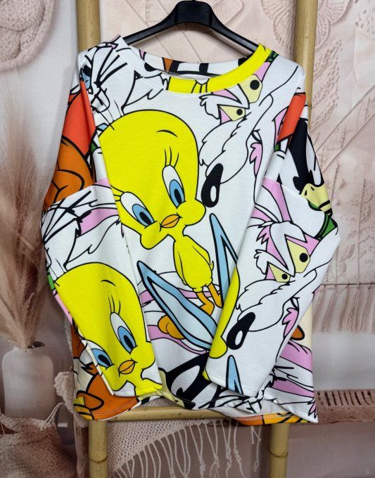 Sweat ample blanc Titi et ses amis Bugs Bunny Looney Tunes du 40 au 52/54 