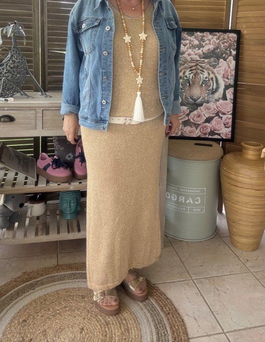 Maxi-robe longue beige lurex doré or du 38 au 42 et même bien + si portée près du corps