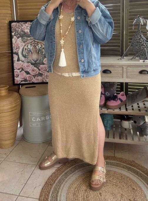 Maxi-robe longue beige lurex doré or du 38 au 42 et même bien + si portée près du corps