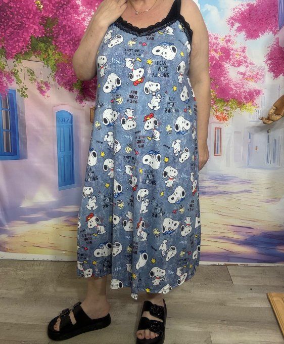 Robe nuisette lycra effet jeans délavé et dentelle Snoopy bretelles réglables du 38 au 48/50 