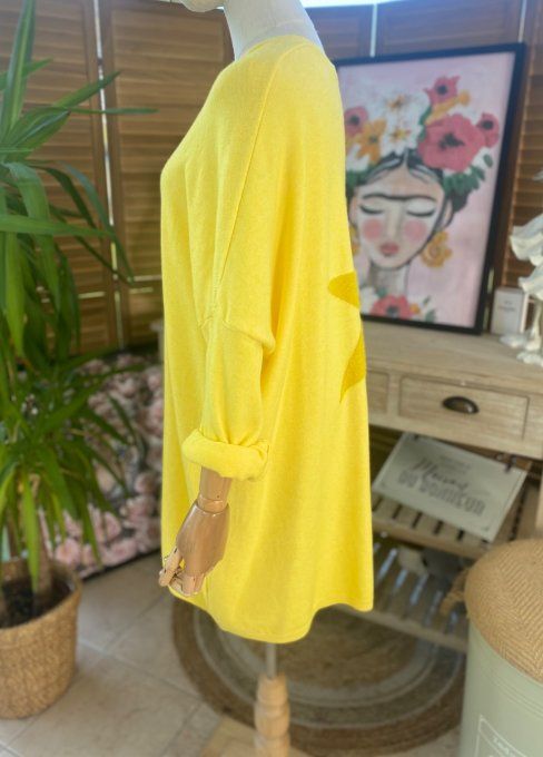 Gilet long sans laine ample jaune citron étoile pailletée douceur ++++ du 38 au 50/52 