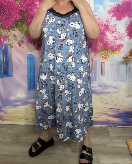Robe nuisette lycra effet jeans délavé et dentelle Snoopy bretelles réglables du 38 au 48/50 