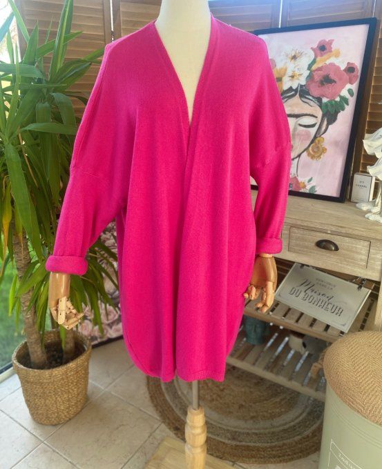 Gilet long sans laine ample Fuschia étoile rose douceur ++++ du 38 au 50/52 
