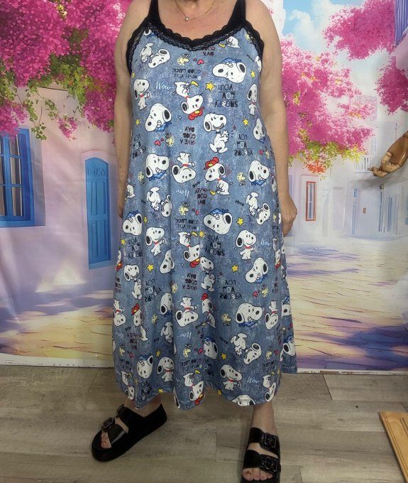 Robe nuisette lycra effet jeans délavé et dentelle Snoopy bretelles réglables du 38 au 48/50 